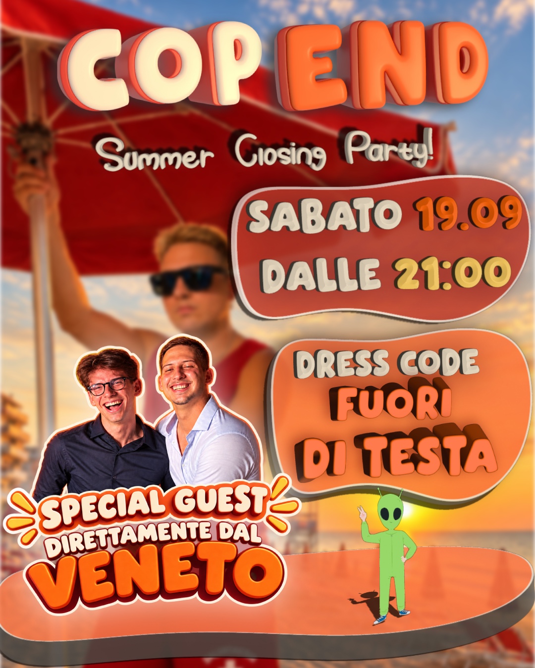 Locandina COP END: Summer Closing Party, 19 settembre dalle 21, dress code Fuori di testa, special guest dal Veneto